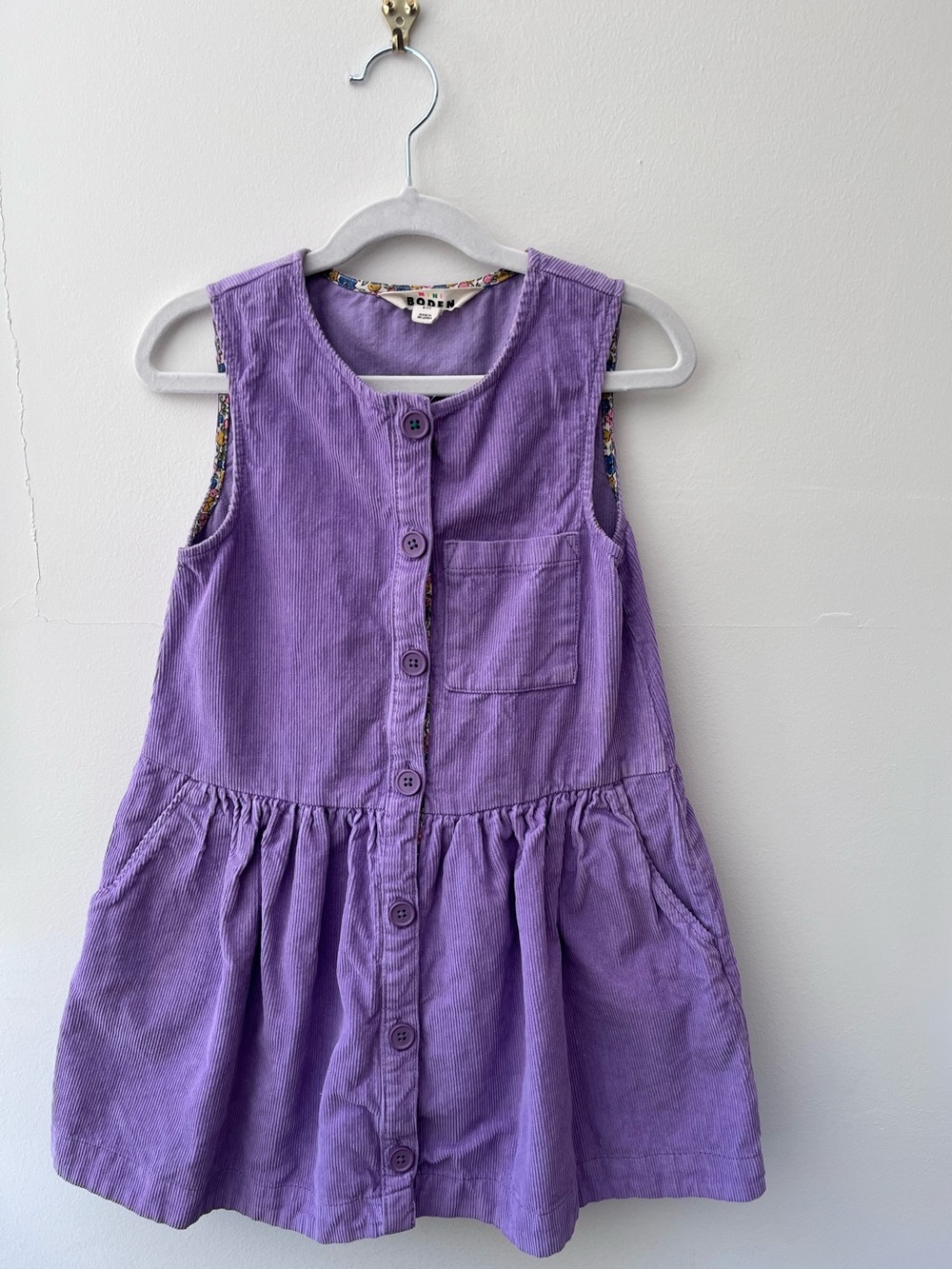 Mini Boden | Purple Corduroy Dress with Floral Trim | 6-7Y